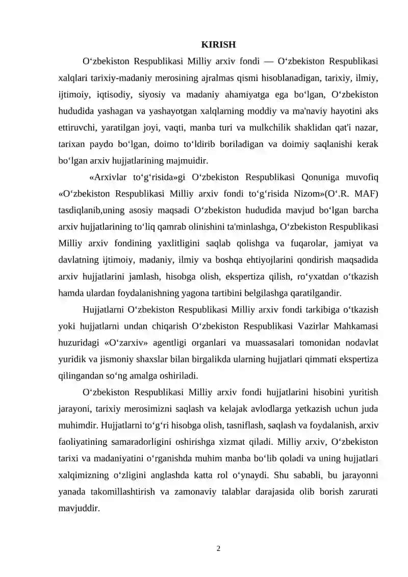 O‘zbekiston Respublikasi MAF hujjatlarini hisobini yuritish. Arxiv hujjatlarini butlash 2