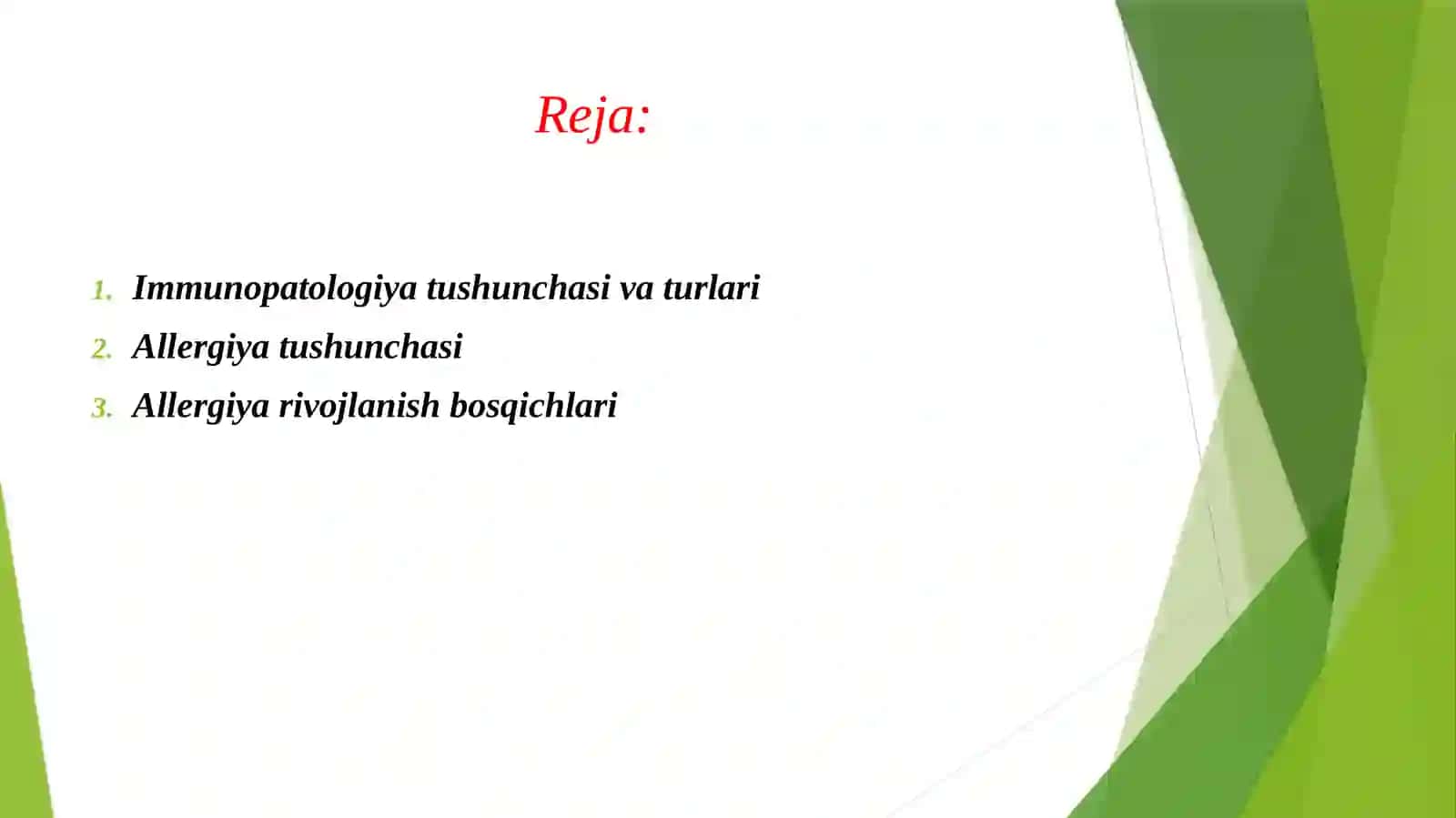 Patologiyada immunopatologik reaktsiyalar. Immunopatologiya tushunchasi va turlari. Allergiya tushunchasi, ular turlari, sabablari, bosqichlari, mahalliy va umumiy ko'rinishlari. Atopik kasalliklar, dorilar va oziq-ovqat uchun allergiya. Autoa allergiyasi, sabablari, rivojlanish mexanizmi, nazariyalari. Immunitet tanqisligining turlari va sabablari. Stomatologiyada uchraydigan immunopatologiyalar. 2