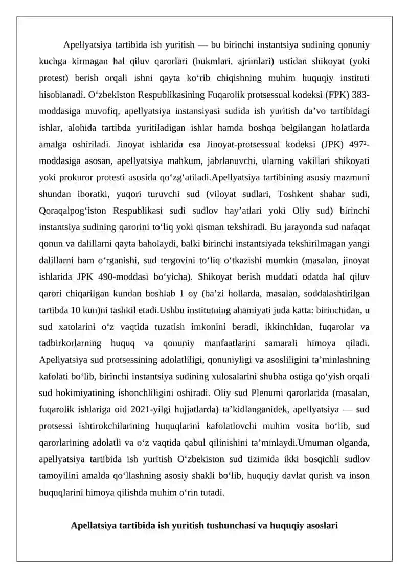 Apellatsiya tartibida ish yuritish mazmuni va ahamiyati 2