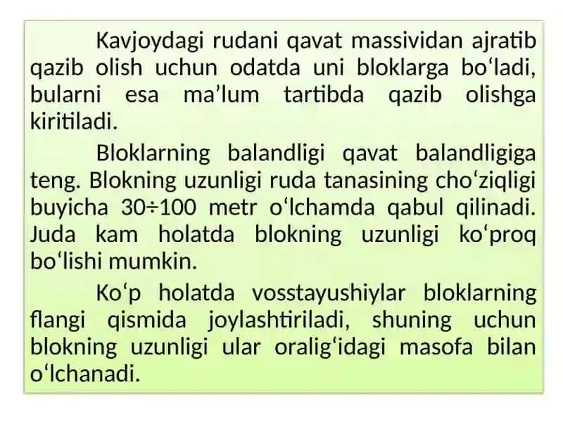 Qavatda rudani massivdan ajratib qazib olish usullari vatartibi 2