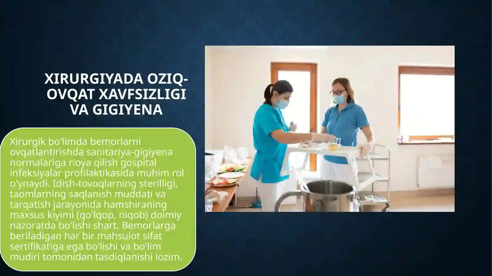 Xirurgik bo'limda bemorlarni ovqatlantirishni tashkillashtirish parhez taomlari, og'ir bemorlarni ovqatlantirish, xirurgik bo'limda dori-darmonlarni saqlash va tarqatish qoidalari xirurgik bemorlarni davolashda qo'linfizioterapevtik davolash usullari 2
