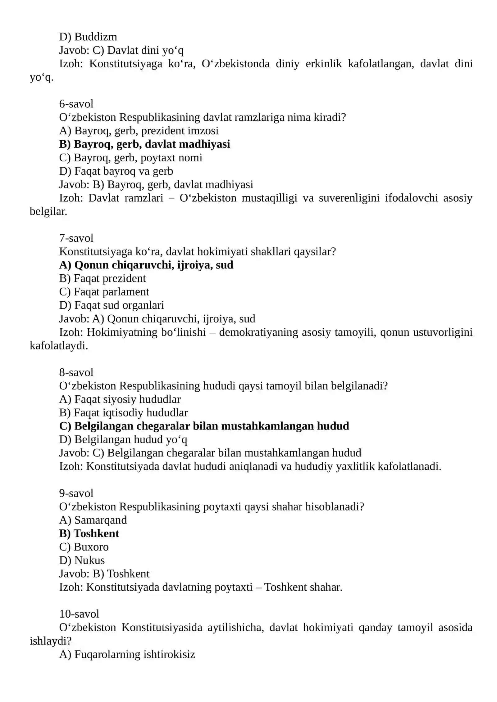 O‘zbekiston Respublikasi qaysi davlat shakliga ega? 2