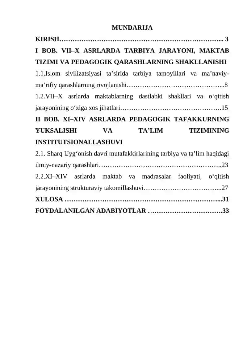 Pedagogika Nazariyasi va Tarixi Fanidan "VII-XIV Asrlarda Tarbiya, Maktab va Pedagogik Fikrlar" Mavzusidagi Kurs Ishi 2