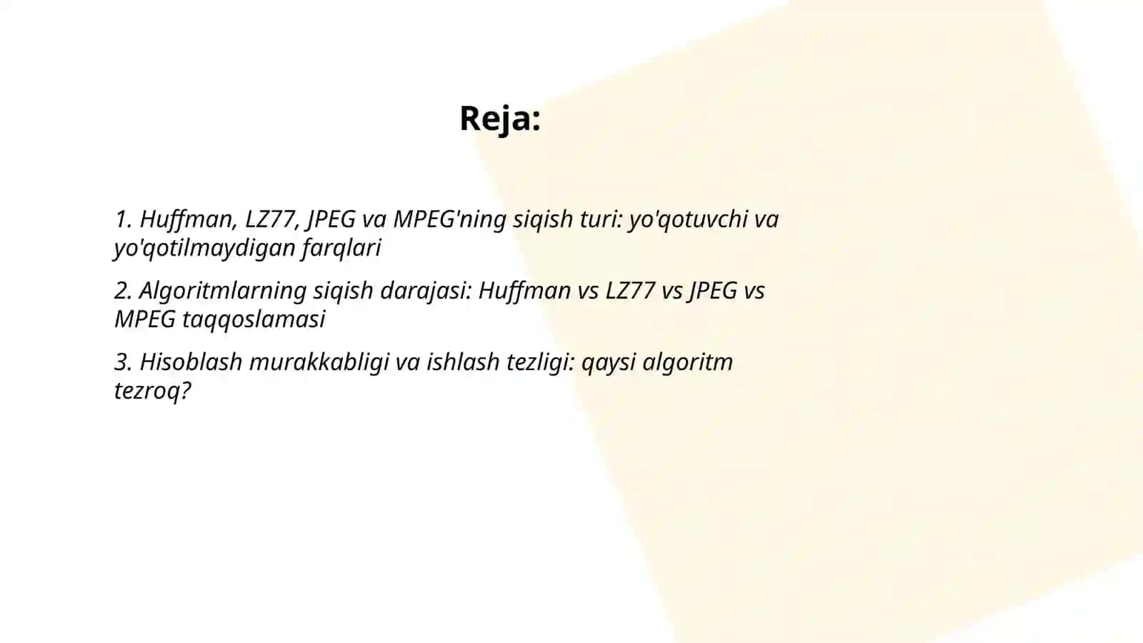 Huffman, LZ77, JPEG va MPEG'ning siqish turi: yo'qotuvchi va yo'qotilmaydigan farqlari 2
