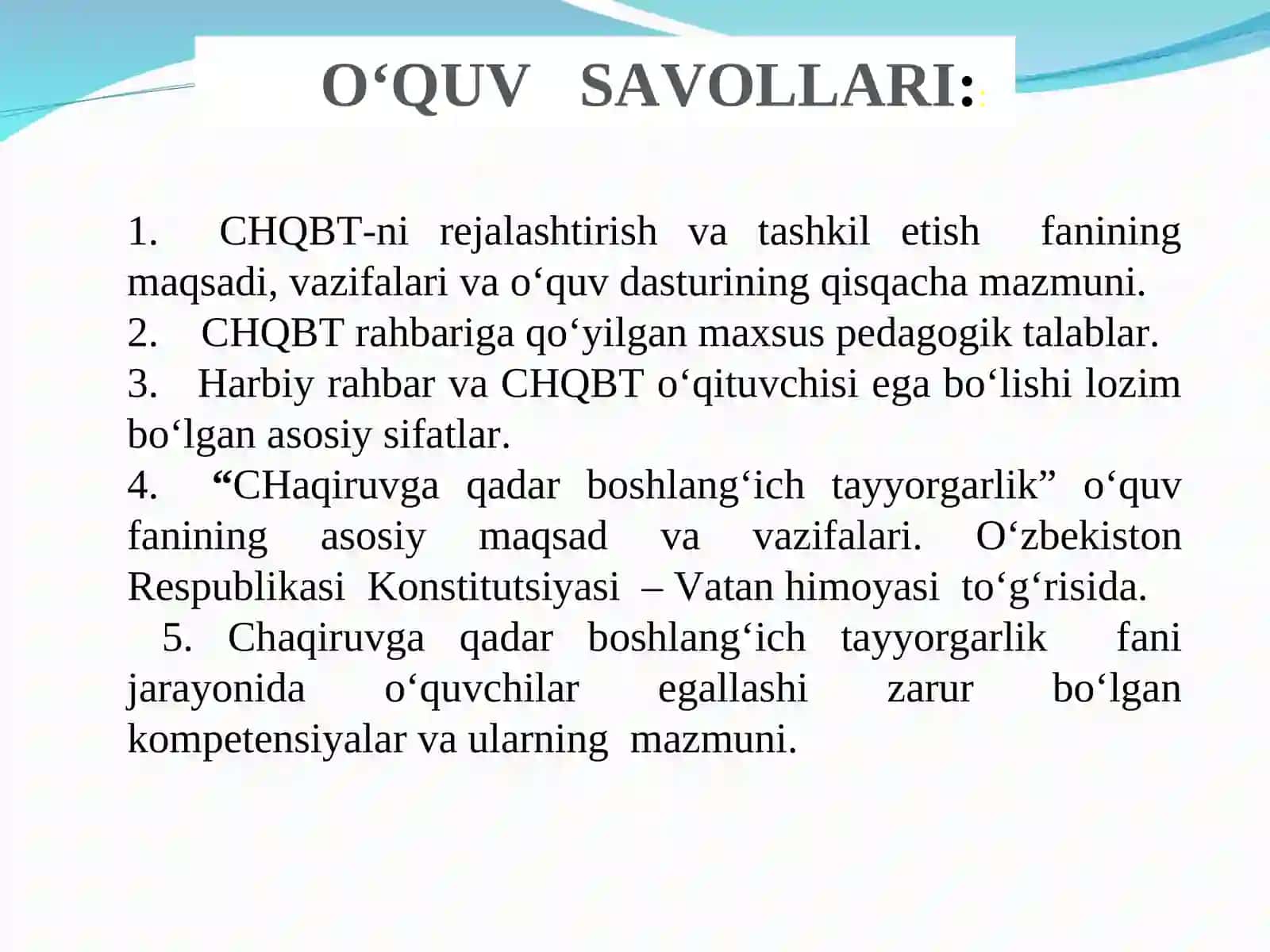 «CHAQIRUVGA QADAR BOSHLANG‘ICH TAYYORGARLIKNI REJALASHTIRISH VA TASHKIL ETISH» FANINING MAZMUNI. CHAQIRUVGA QADAR BOSHLANG‘ICH TAYYORGARLIK – O‘R QK HARBIY XIZMATIGA TAYYORLASH TIZIMINING TARKIBIY QISMI SIFATIDA 2