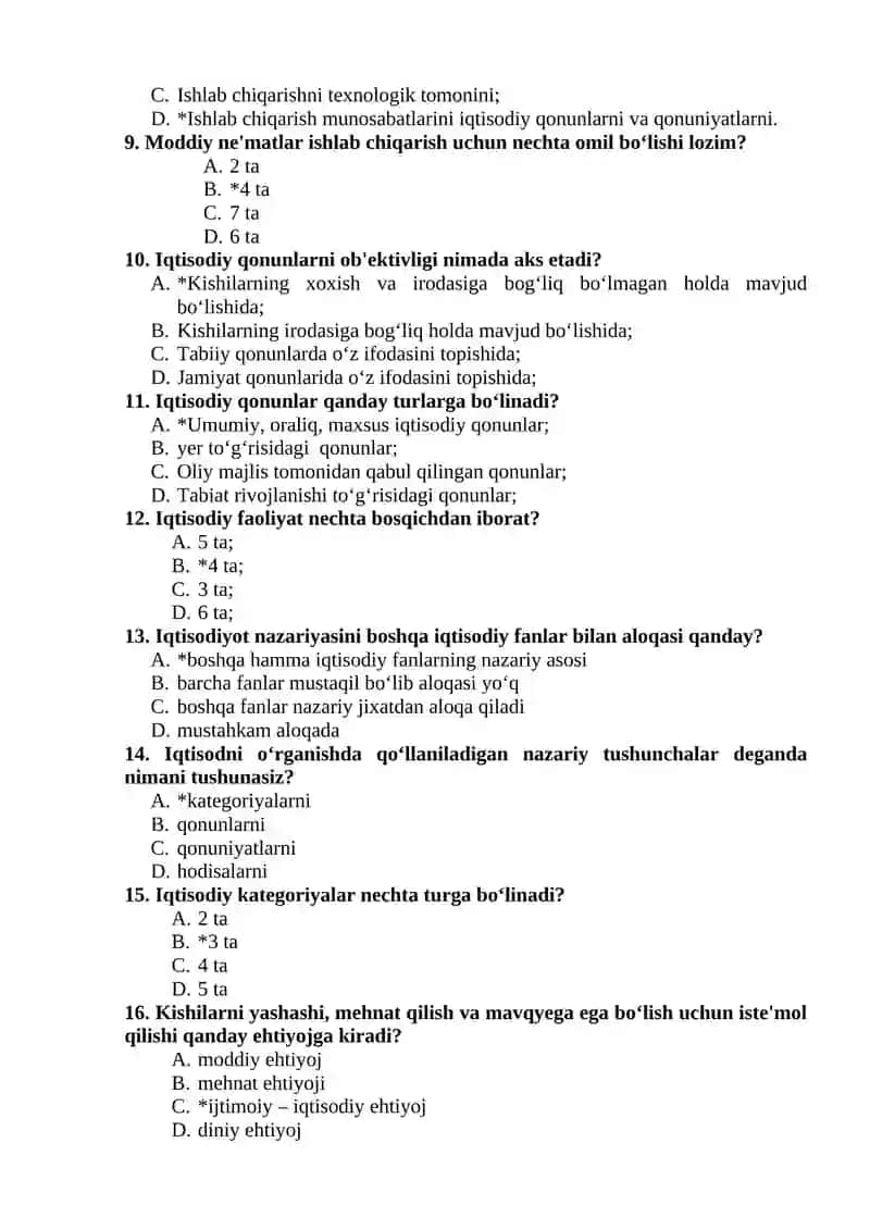 Iqtisodiyot nazariyasi test savollari 2