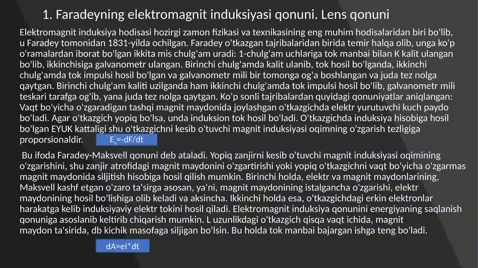 Faradeyning elektromagnit induksiyasi qonuni. Lens qoidasi 2