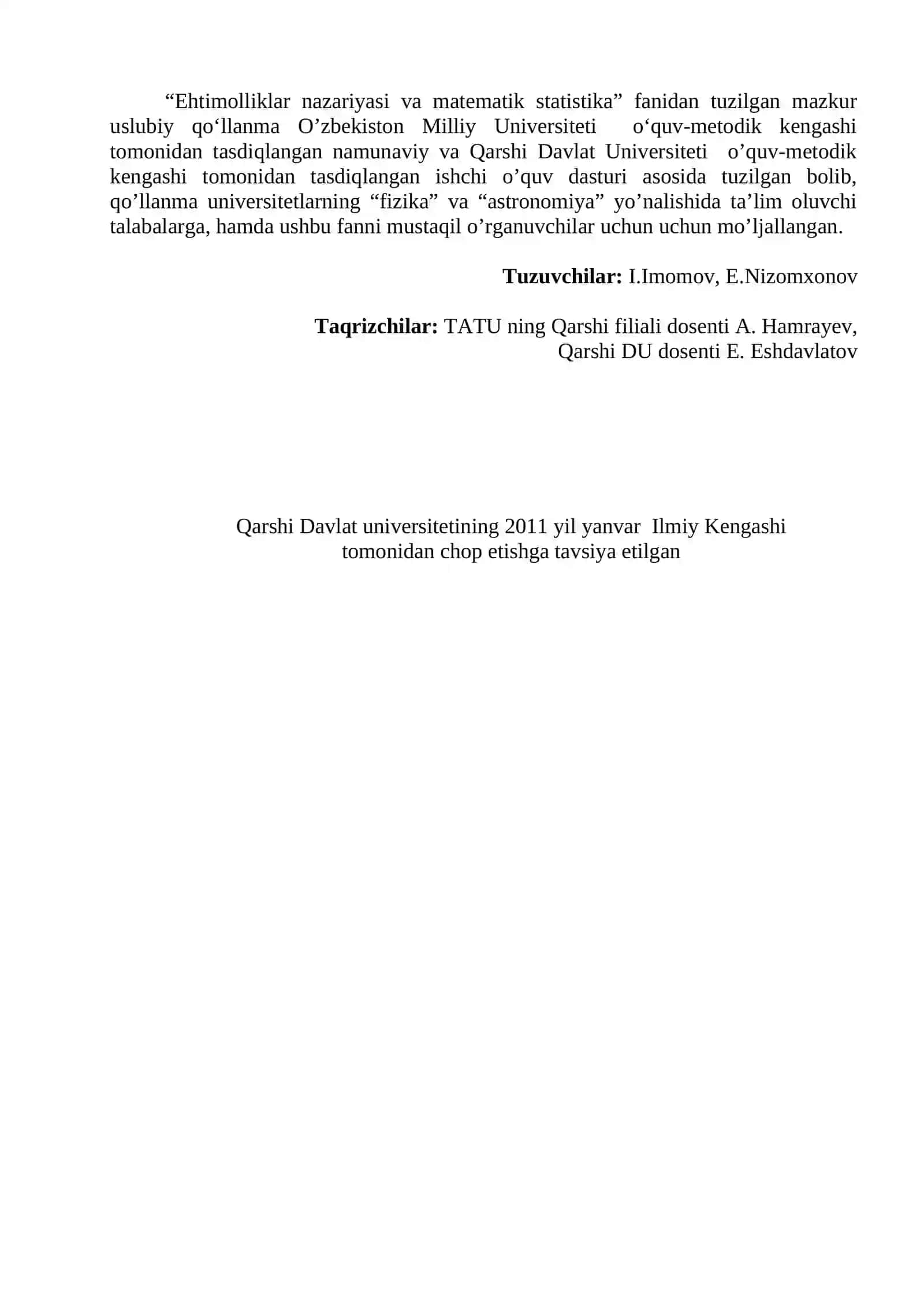 Ehtimolliklar nazariyasi va matematik statistika 2