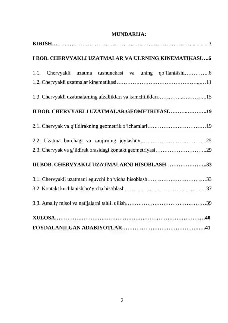 CHERVYAKLI  UZATMALAR, KINEMATIKASI VA GEOMETRIYASI.  CHERVYAKLI  UZATMANI EGUVCHI VA KONTAKT KUCHLANISH BO'YICHA HISOBLASH 2