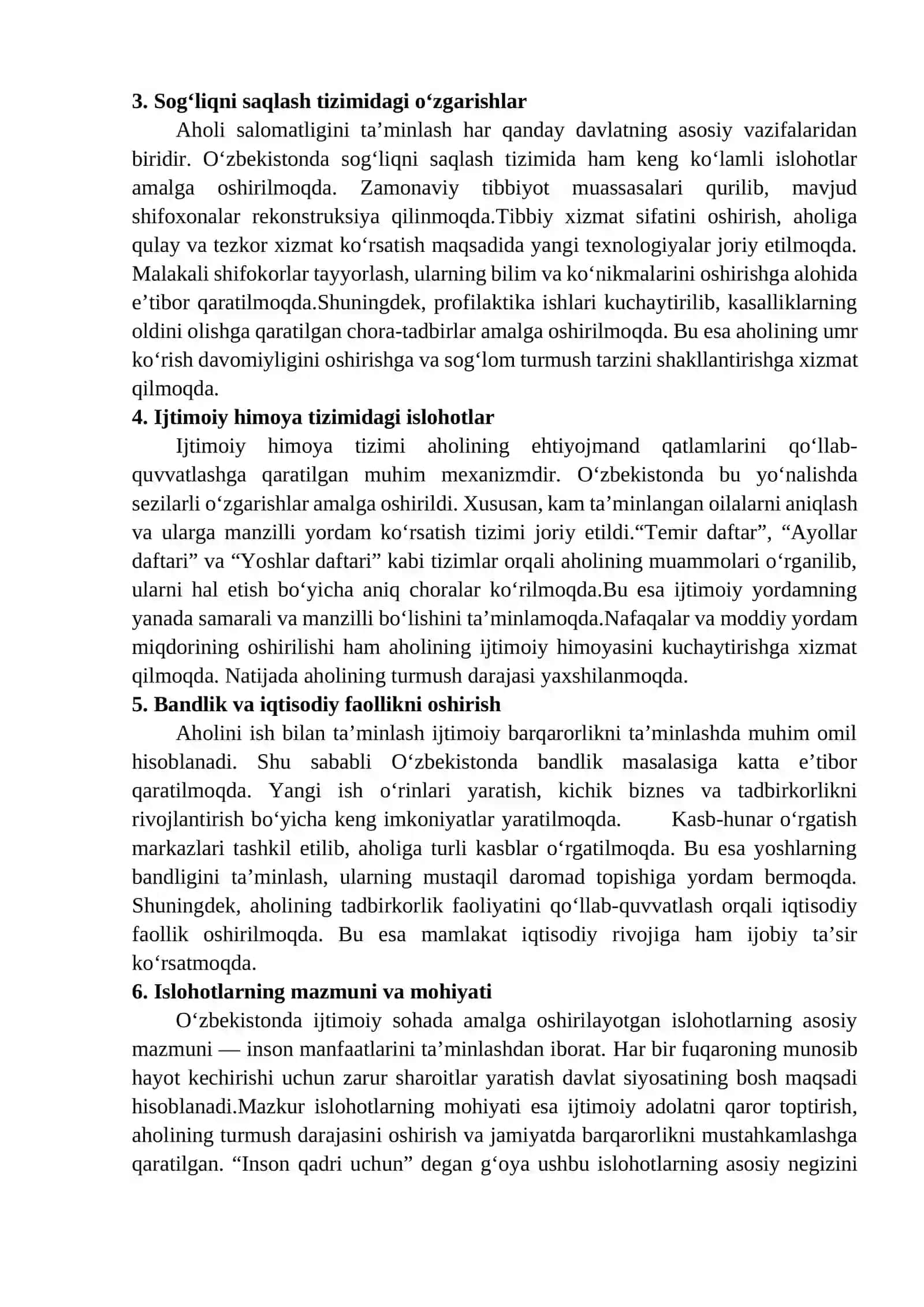 O‘zbekistonda ijtimoiy sohada amalga oshirilayotgan o‘garishlar mazmun va mohiyati. 2