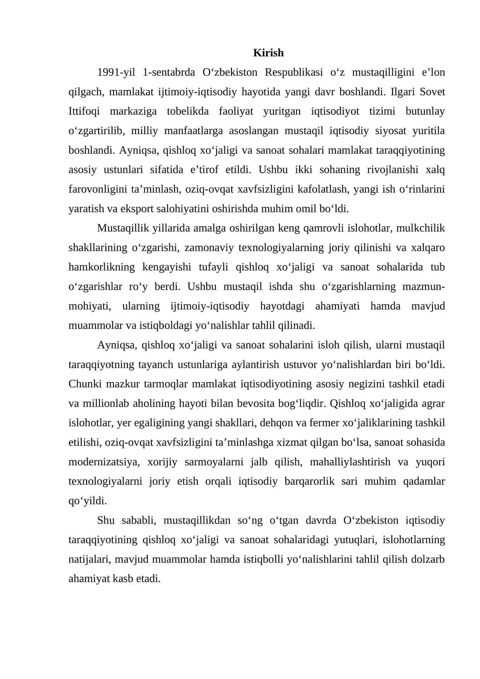 Mustaqillik yillarida qishloq xoʻjaligi va sanoat sohasidagi oʻzgarishlar 2
