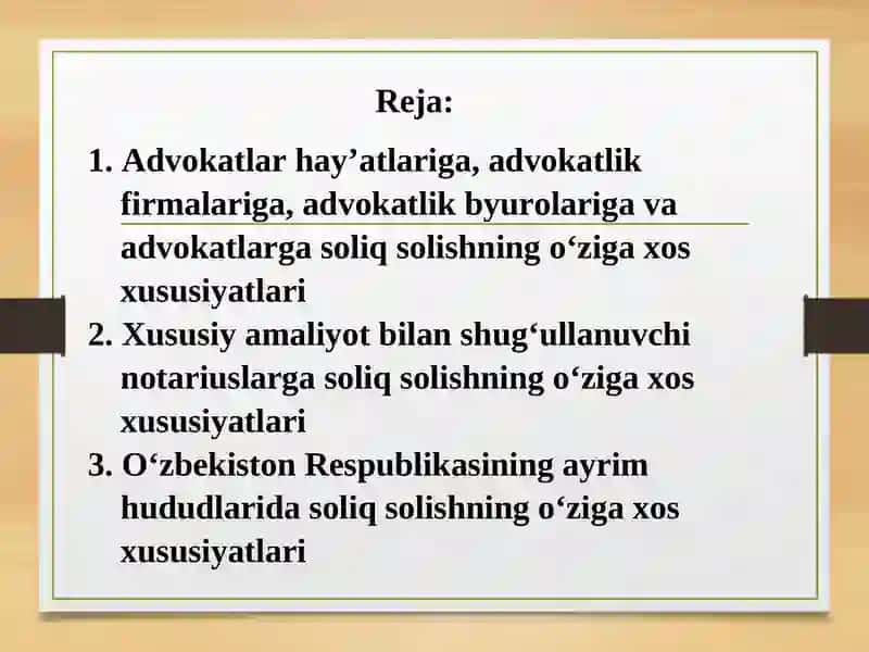 SOLIQ SOLISHNING SODDALASHTIRILGAN TIZIMI VASOLIQ TO‘LOVCHILARNING AYRIM TOIFALARIGA SOLIQ SOLISHNINGO‘ZIGA XOS XUSUSIYATLARI 2