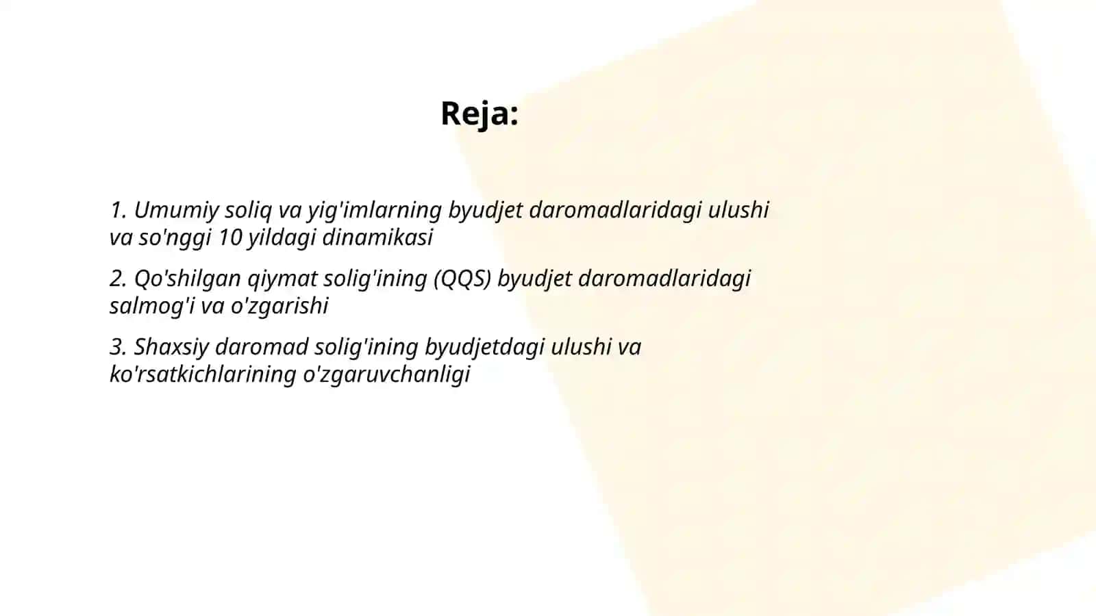 Soliqlar va yig'imlarning byudjet daromadlaridagi salmog'i hamda ularning o'zgarish dinamikasi 2
