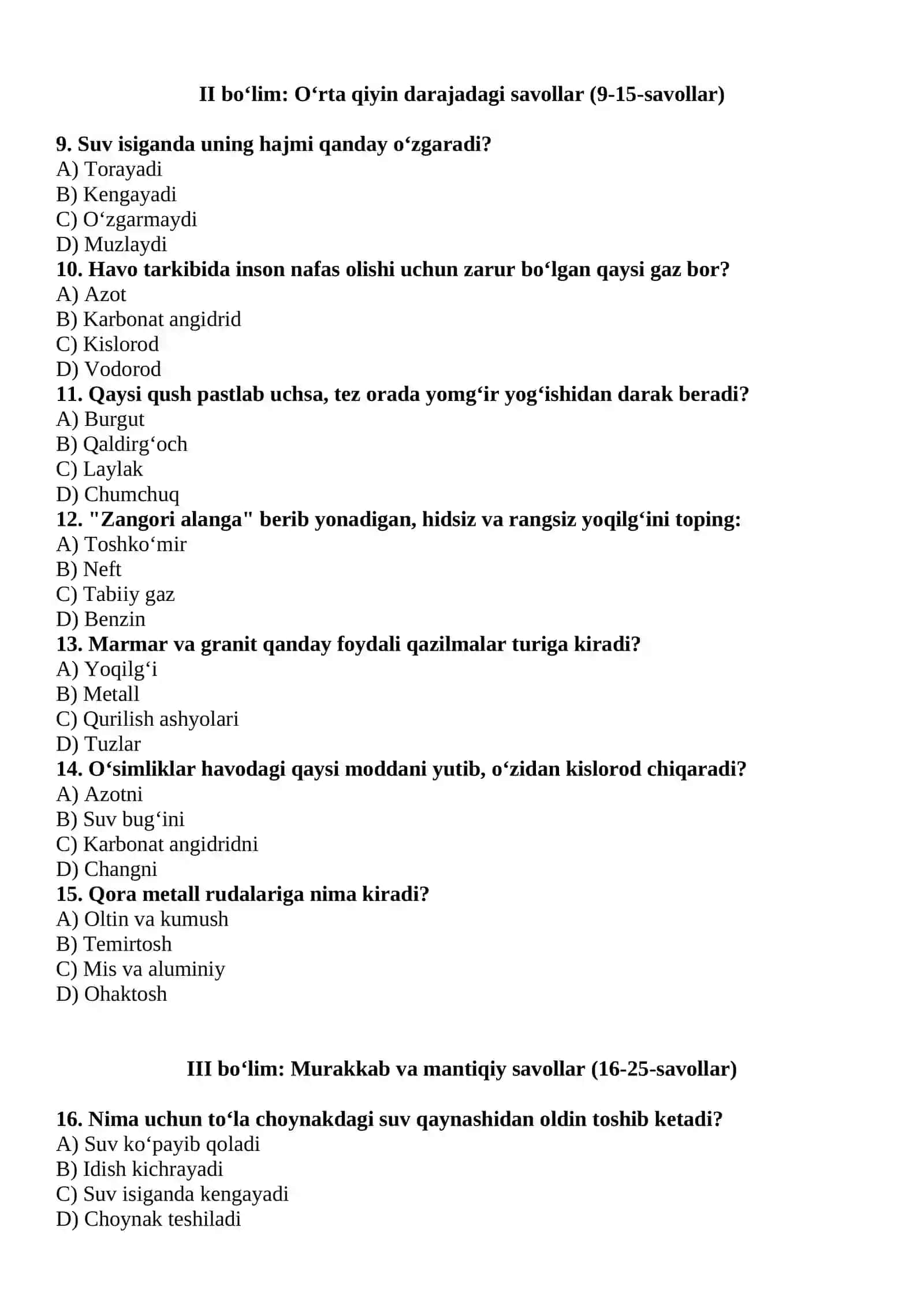 Tabiatshunoslik fanidan olimpiada testlari (3-sinf) 2