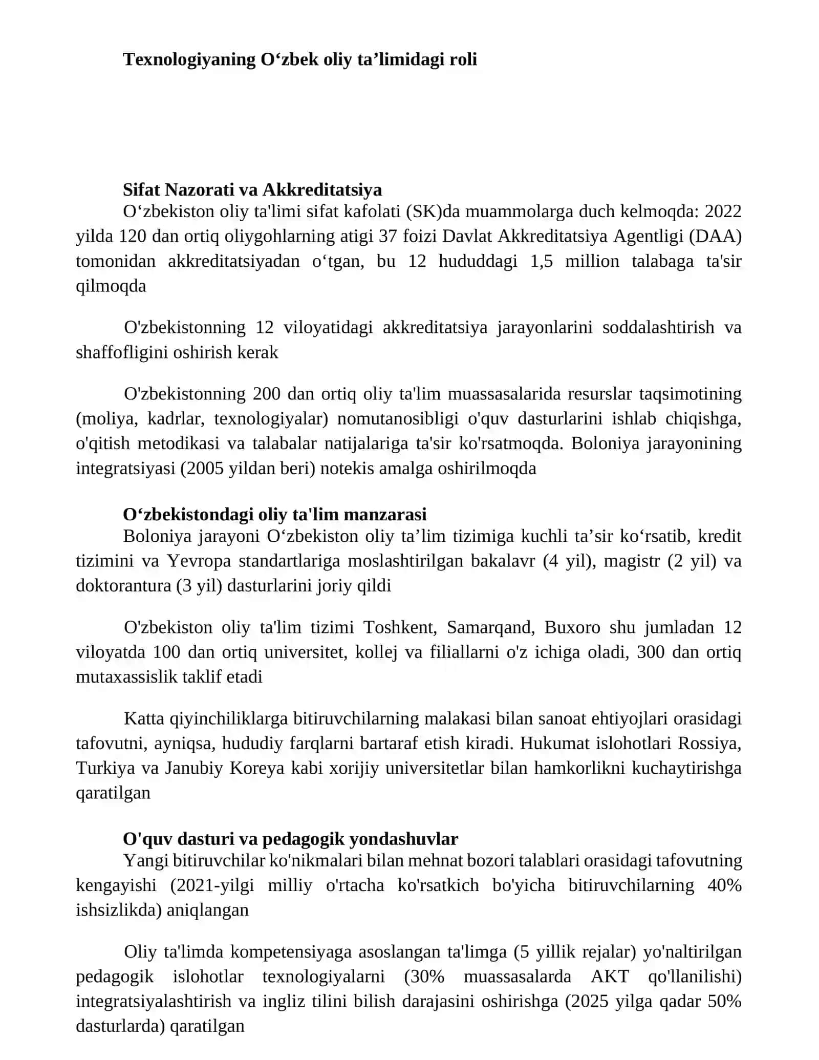 O'zbekiston Respublikasida Ta'lim tizimini tahlil qilish (Kollej va Oliy ta'lim misolida) 2