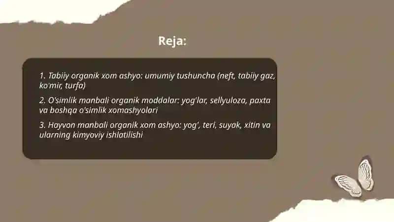 Tabiiy organik xom ashyo-organik moddalar manbai. Noorganik moddalarning tabiiy manba'lari. Kimyo tarixni órganishning axamiyati. Òzbekistonda ishlab chiqariladigan asosiy kimyoviy mahsulotlar 2