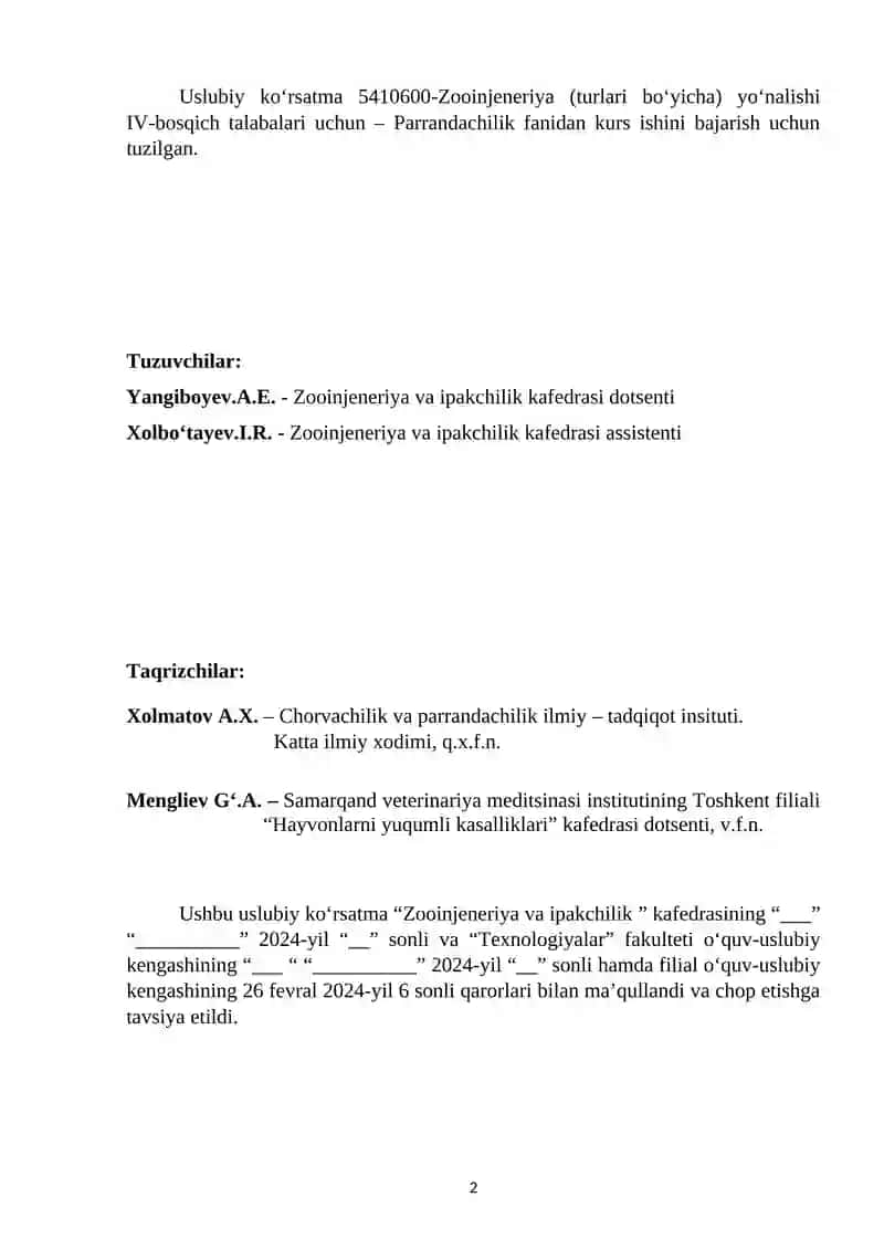 Zooinjeneriya (turlari bo‘yicha) kurs ishi 2