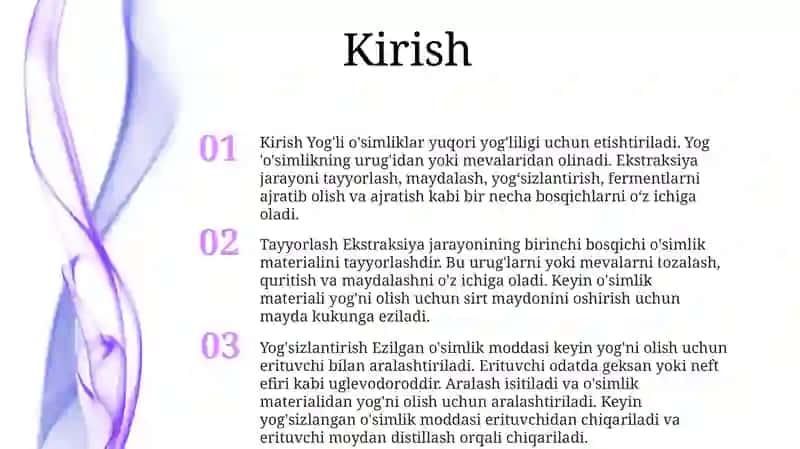 OʻSimliklarni Tayyorlash,Maydalash, YogʻSizlantirish, Fermentni Ekstraksiyalash Va Ajratish Usullari 2