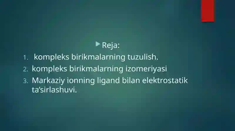 KOMPLEKS BIRKMALARNING IZOMERYASI MARKAZIY IONNING LIGANT BILAN ELEKTRO STATIK TA`SIRLASHUVI. 2