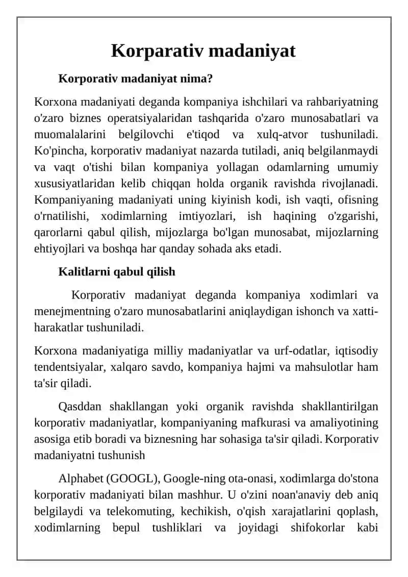 Korparativ madaniyat. Korparativ etika. Korparativ madaniyat turlari 2