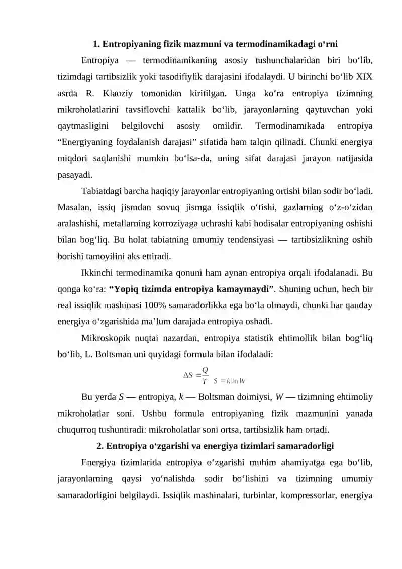 Entropiya tushunchasi va energiya tizimlarida uning ahamiyati 2