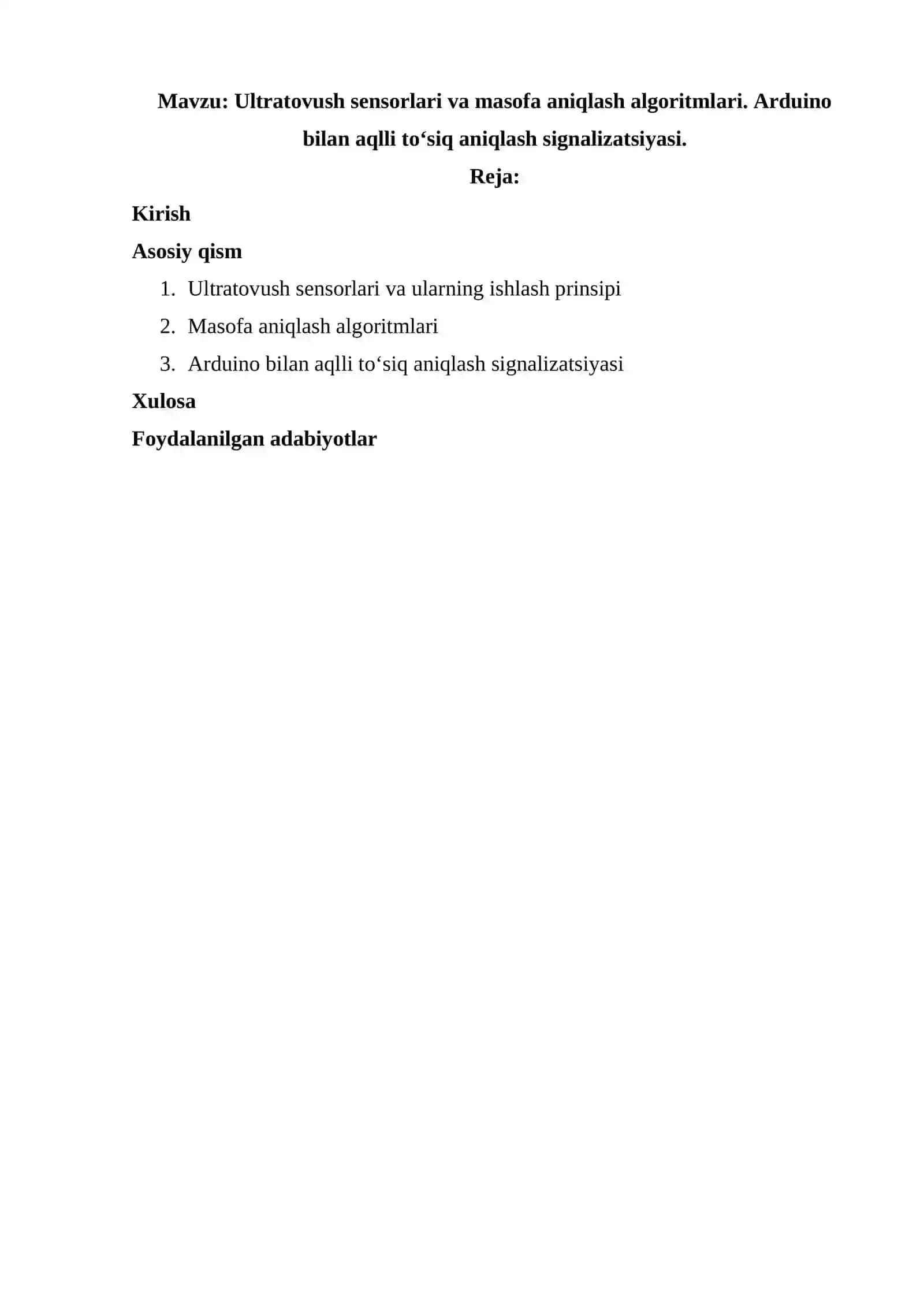 Ultratovush sensorlari va masofa aniqlash algoritmlari. Arduino bilan aqlli to‘siq aniqlash signalizatsiyasi. 2
