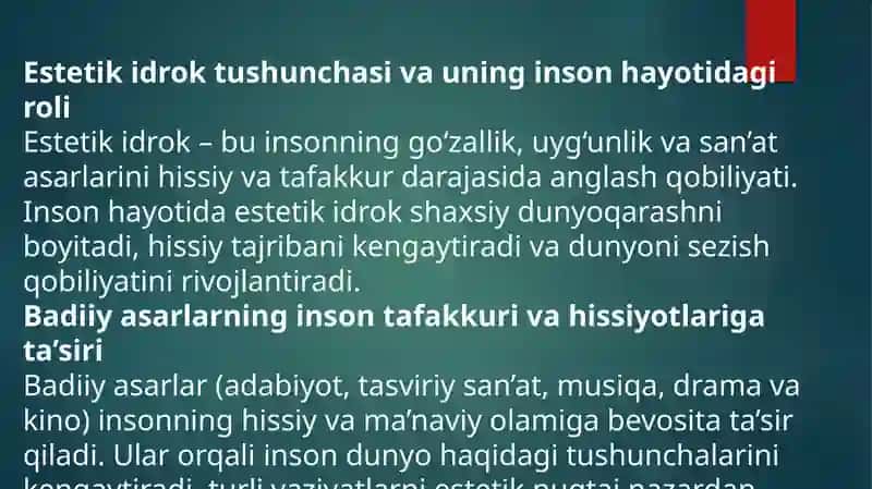 Dunyoni estetik idrok etishda badiiy asarlarning ahamiyati 2