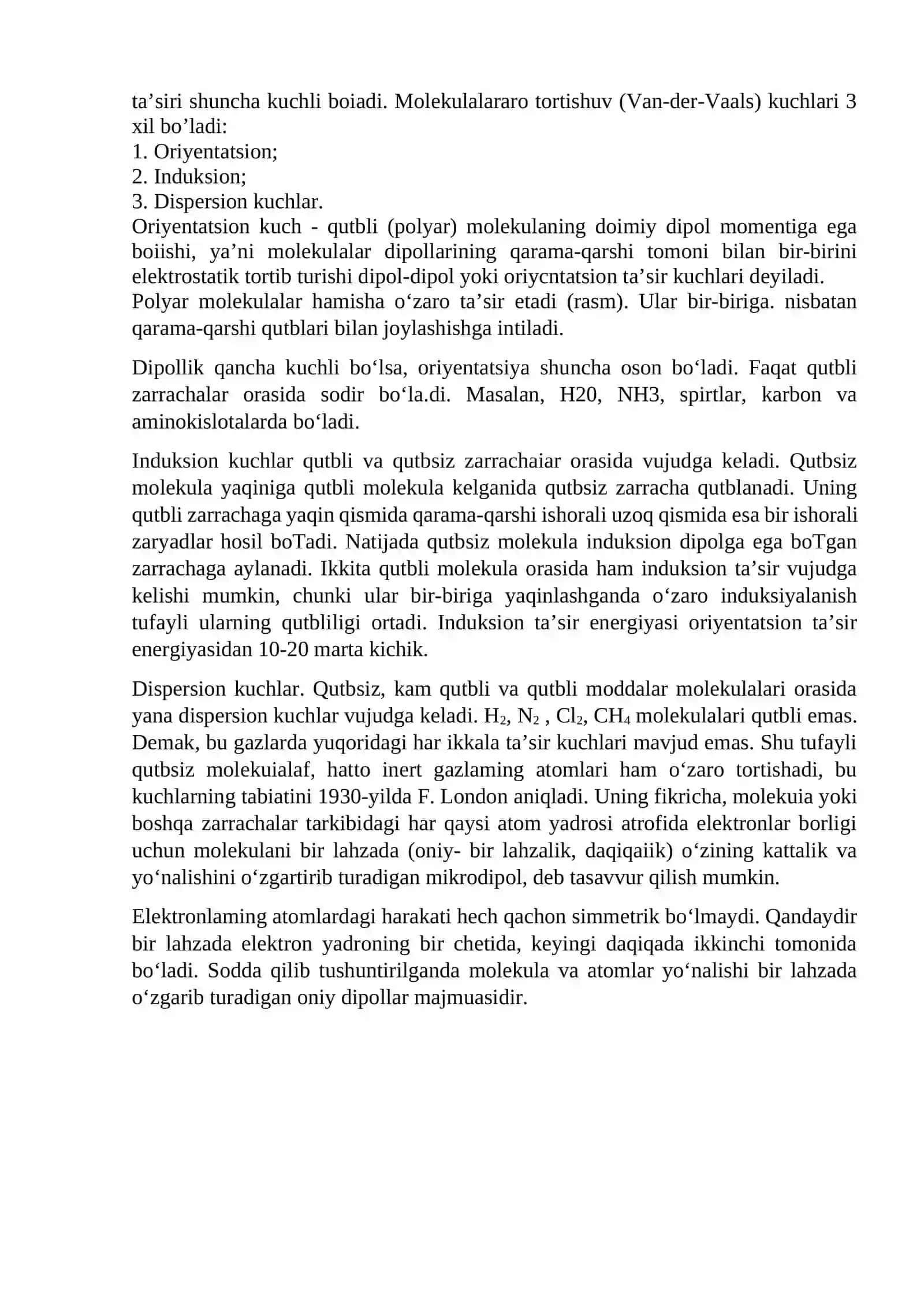 Molekulalarning energetikasi. Molekulalararo ta’sir va uning xillari 2