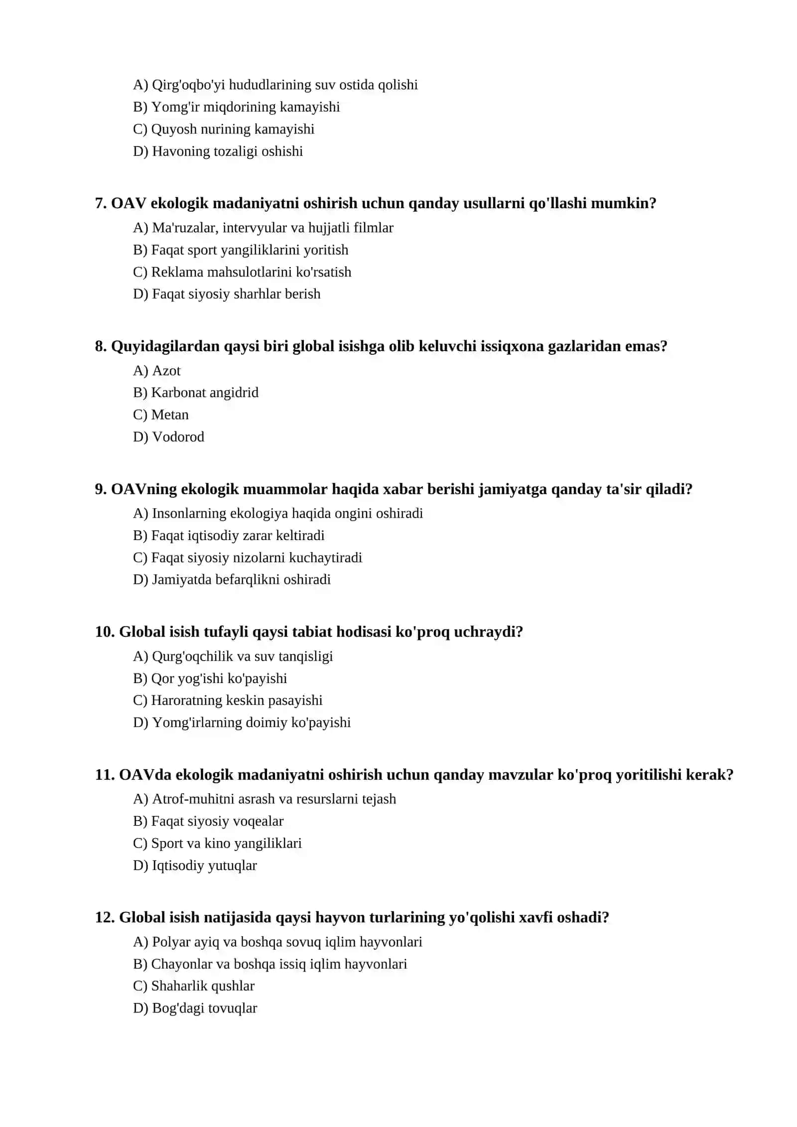 Ekologik madaniyat va global isish bo'yicha test 2