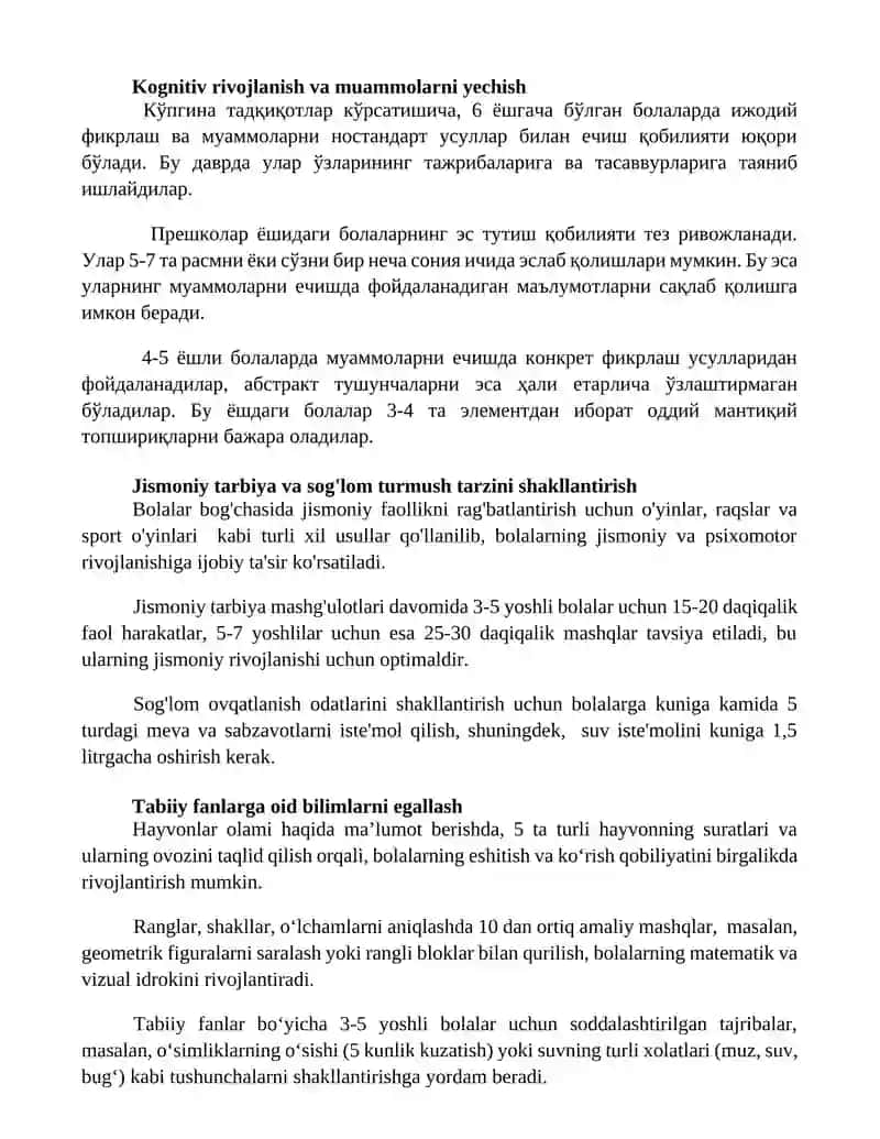 Maktabgacha yoshdagi bolalar o’quv fanining mazmuni va uslublari. 2