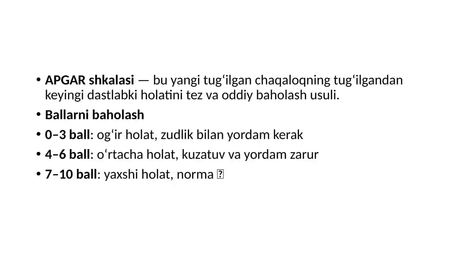 Bolalarni apgar shkalasi bo'yicha baxolash 2