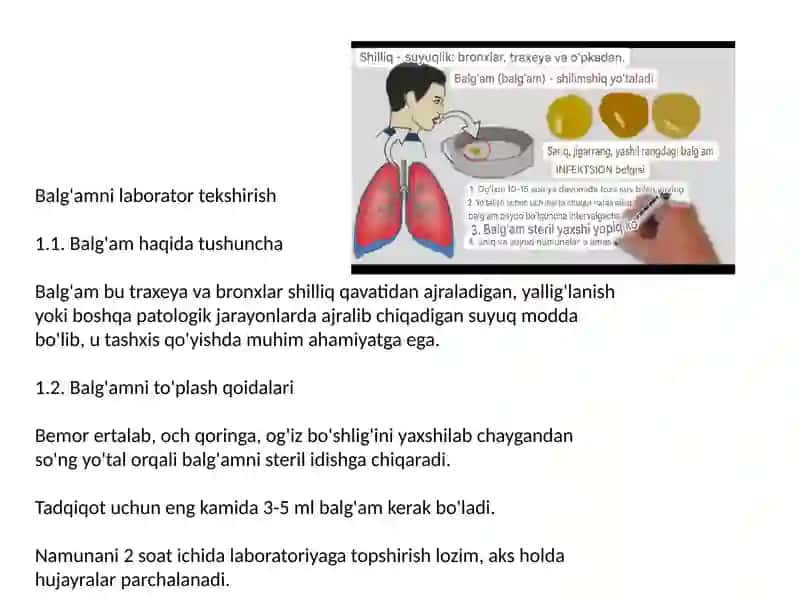 Balg'am va plevra suyuqligini labarator tekshirish. O'pkani funksional va instrumental tekshirish usullari: spirometriya, pnevmotaxometriya,oksigemometriya 2