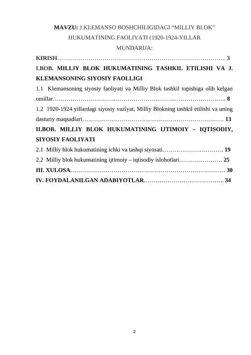 J.KLEMANSO BOSHCHILIGIDAGI “MILLIY BLOK” HUKUMATINING FAOLIYATI (1920-1924-YILLAR) MAVZUSIDA YOZGAN 2