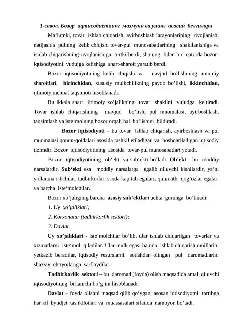 Bozor iqtisodiyotining mazmuni va amal qilishi 2
