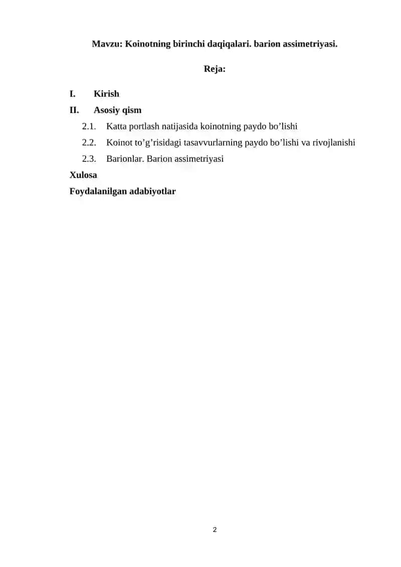 Koinotning birinchi daqiqalari. barion assimetriyasi 2