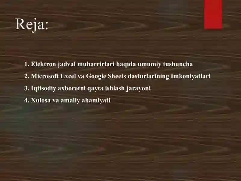 Iqtisodiy axborotni qayta ishlash uchun elektron jadval muharrirlaridan foydalanish 2