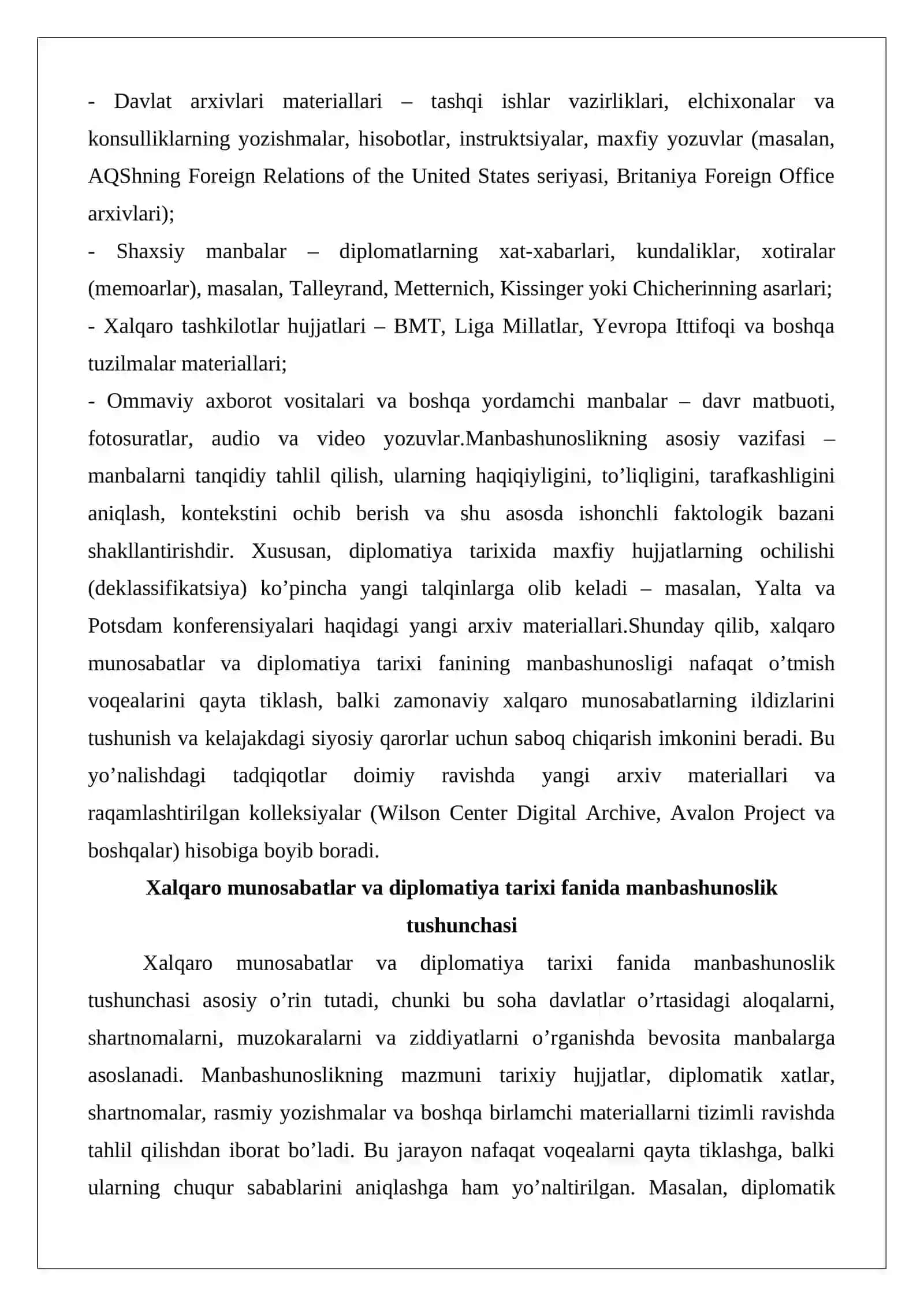 Xalqaro munosabatlar va diplomatiya tarixi fanining manbashunosligi 2