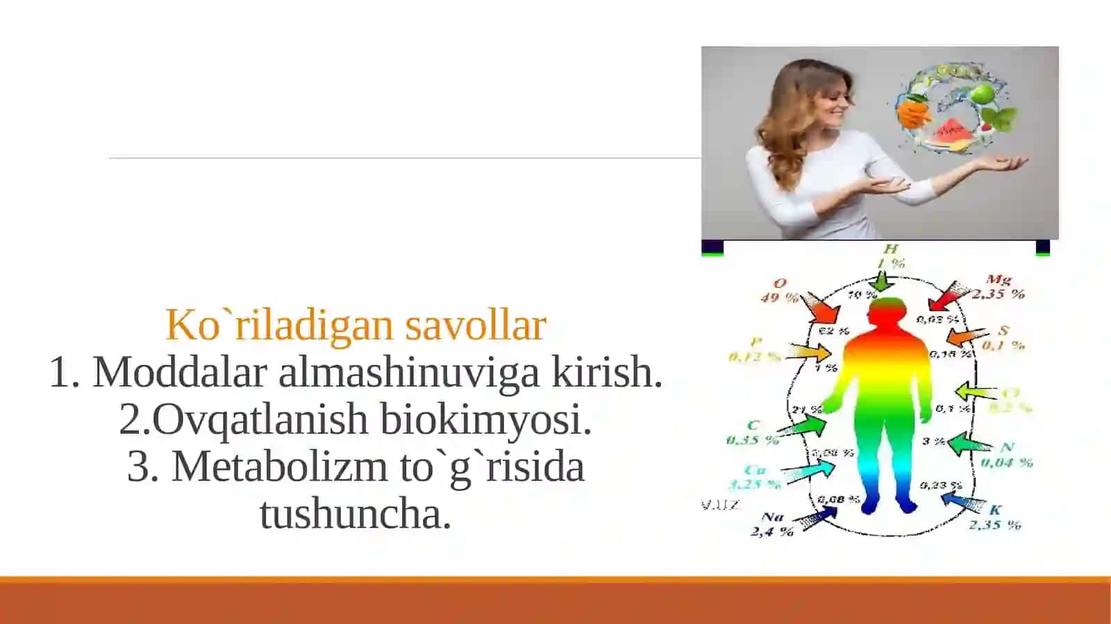 Moddalar almashinuviga kirish. Ovqatlanish biokimyosi. Metabolizm to'g'risida tushuncha 2