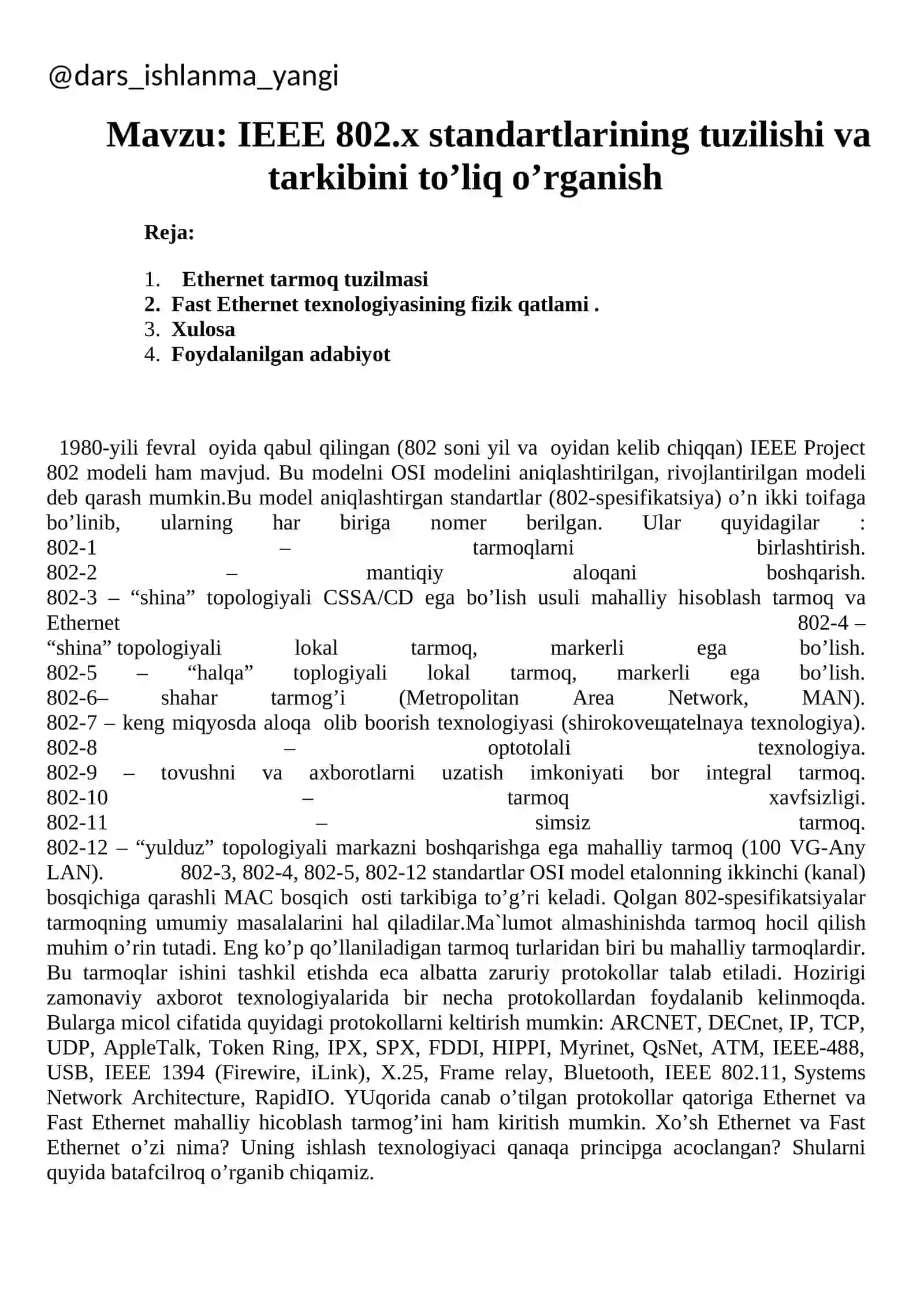 IEEE 802.x standartlarining tuzilishi va tarkibini to’liq o’rganish 2