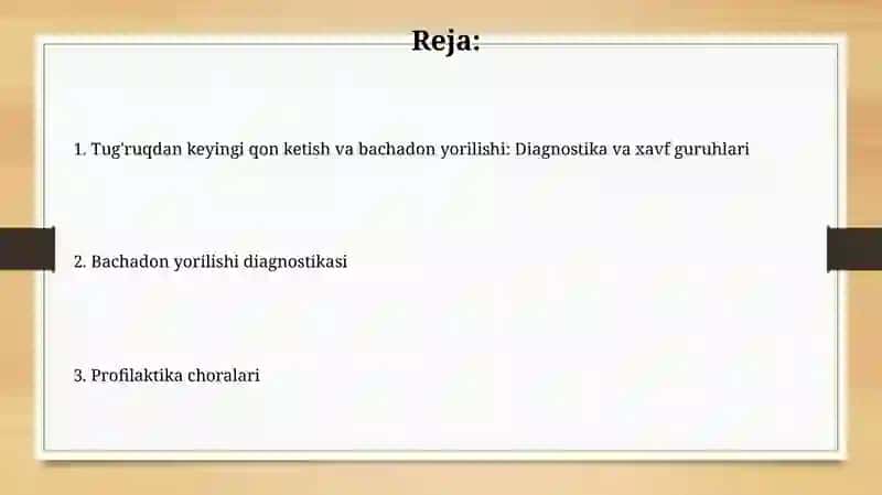 Tug'ruqda qin qon ketishlar.Bachadon yorilishi. Tashxislash. Xavf guruxi. Oldini olish. 2
