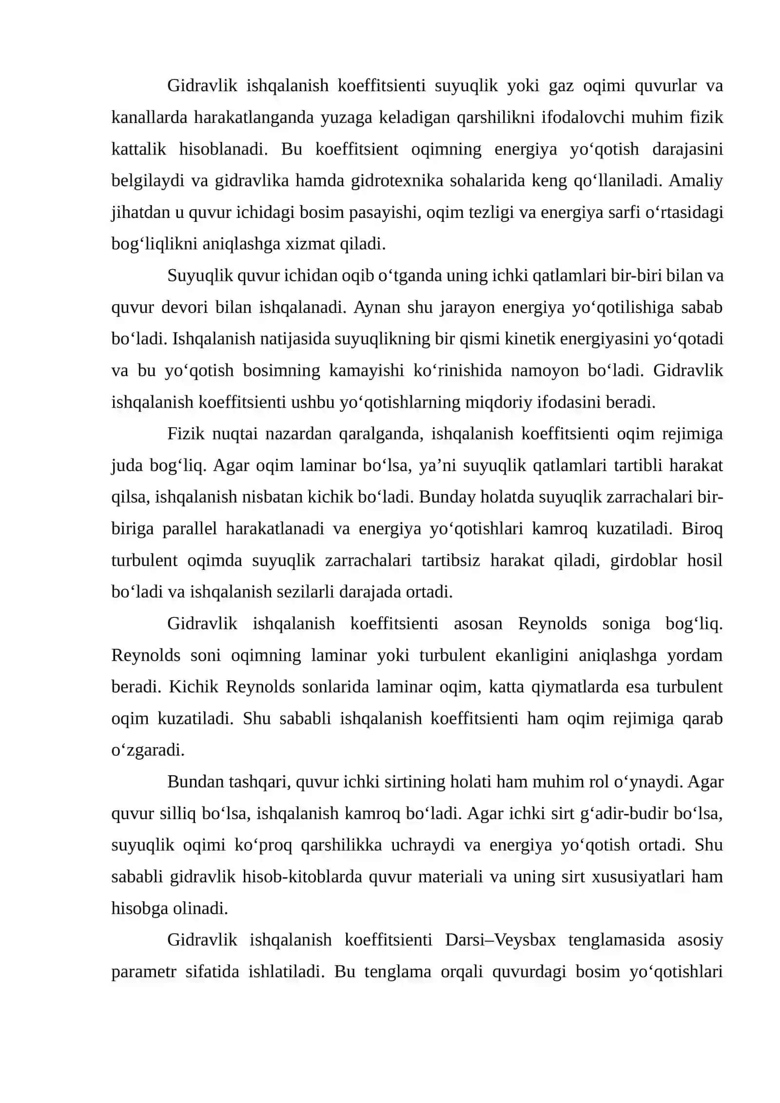 Gidravlik ishqalanish koeffitsientini aniqlash. Darsi-Veysbax, Puazeyl, Altshul, Shifrinson, Latipov va Shevelev formulalari. Kolbruk grafigi 2