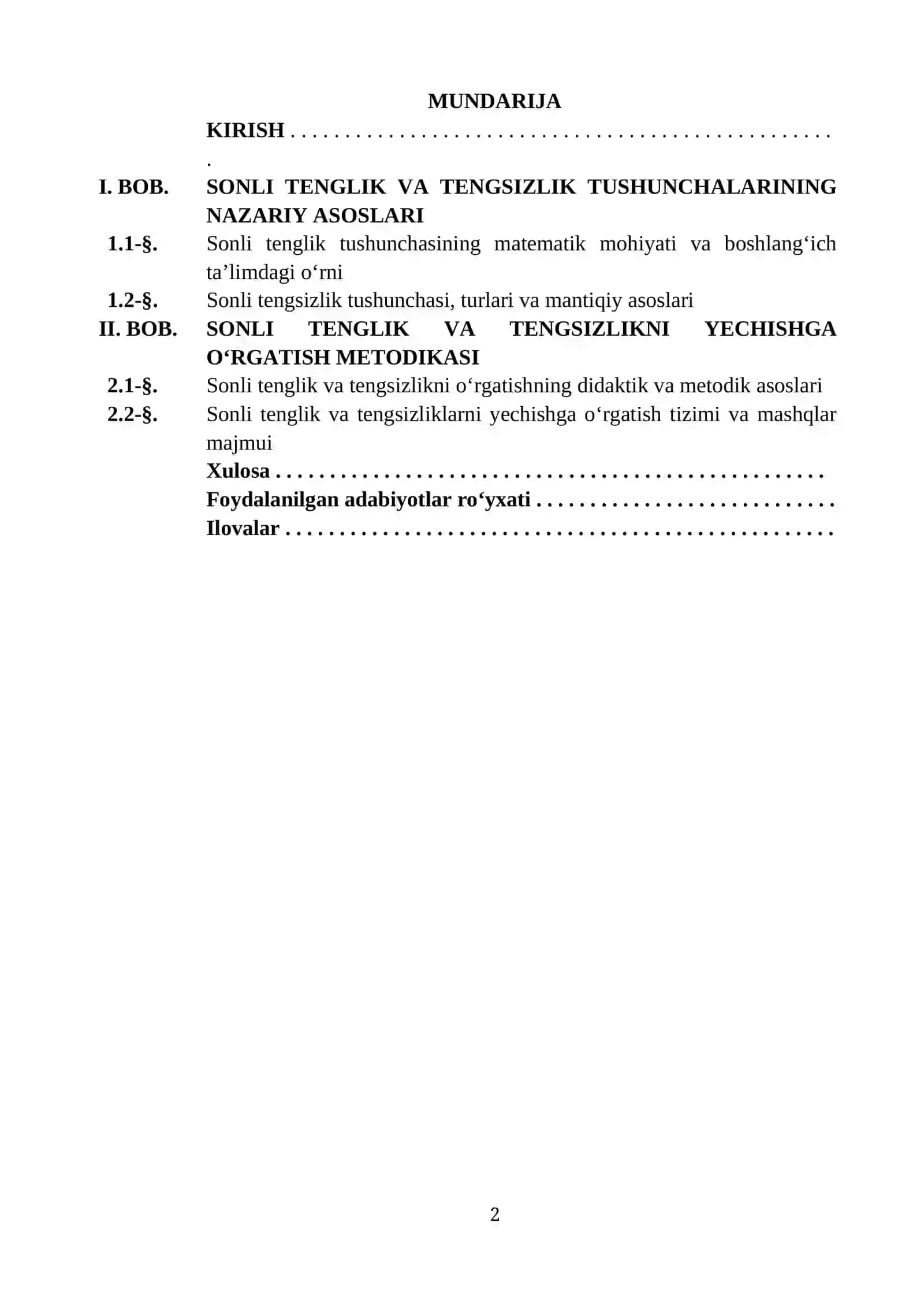 “SONLI TENGLIK, TENGSIZLIK VA UNI YECHISHGA O‘RGATISH METODIKASI” MAVZUSIDA TAYYORLAGAN KURS ISHI 2