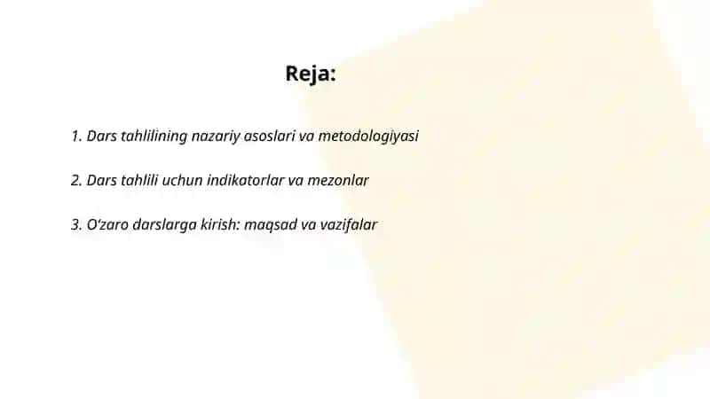 Pedagogik faoliyat turlari(dars tahlili, oʻzaro darslarga kirish va ochiq dars oʻtkazish)ni tahlil qilish 2