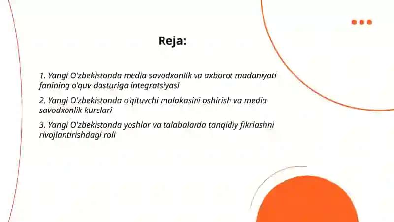 Yangi O'zbekistonda " Media savodxonlik va axborot madaniyatiyati" fanining o'quv dasturi 2