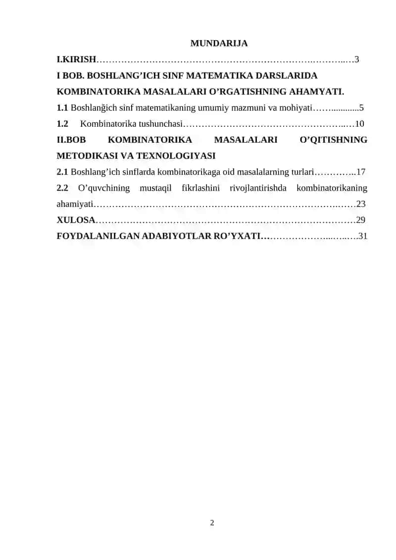 BOSHLANG’ICH SINF MATEMATIKA DARSLARIDA KOMBINATORIKA MASALALARI. 2