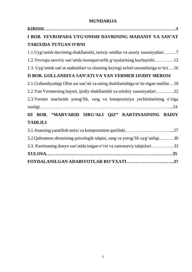 Yevropada uyg‘onish davri. Gollandiyalik rassom  Yan Vermerning  “Marvarid sirg‘ali qiz” kartinasi 2