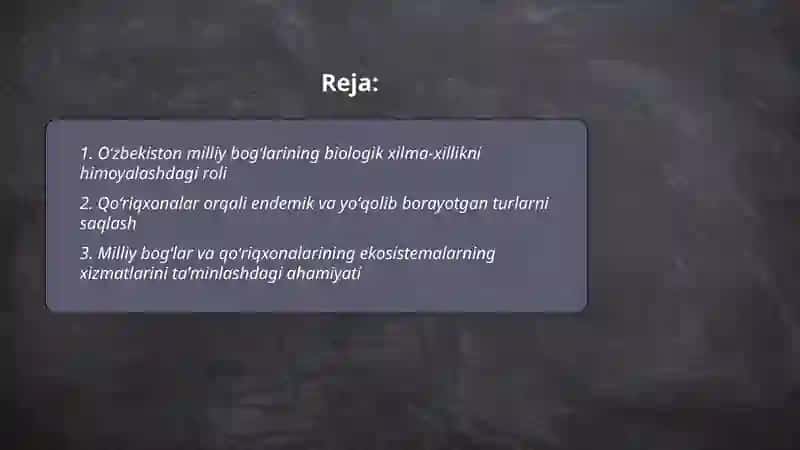Oʻzbekistonning milliy bogʻlari va qoʻriqxonalarining ekologik ahamiyati 2