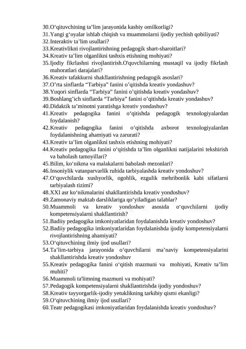 Kreativ pedagogika fanidan yakuniy nazorat savollari 2