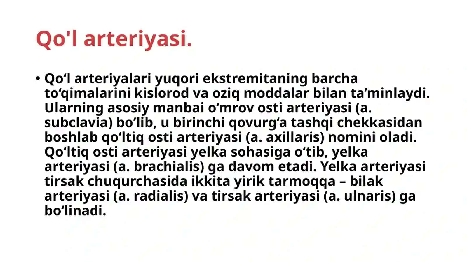 Qoʻl arteriyalarining tarmoqlanishi. KT-angiografiyada  morfologiyasi va anatomik variantlari. 2