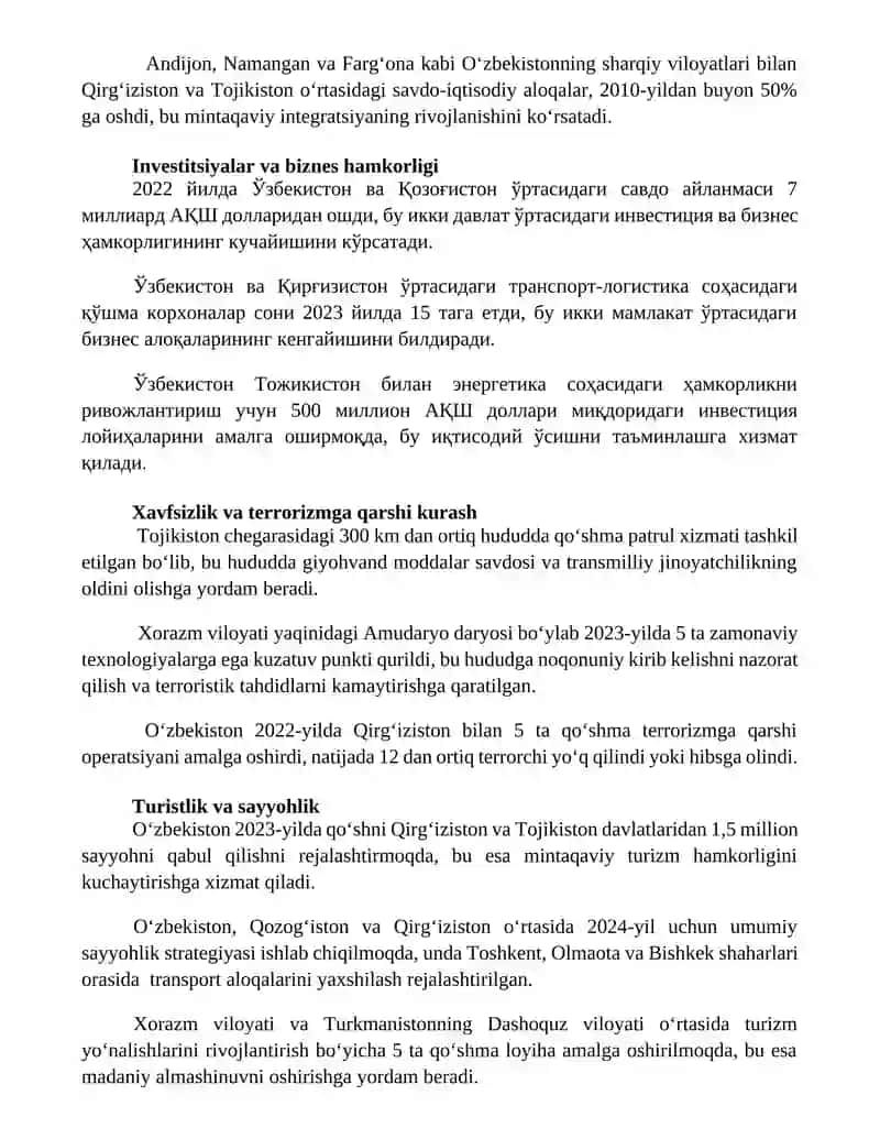 Markaziy Osiyo davlatlari bilan hamkorligi 2